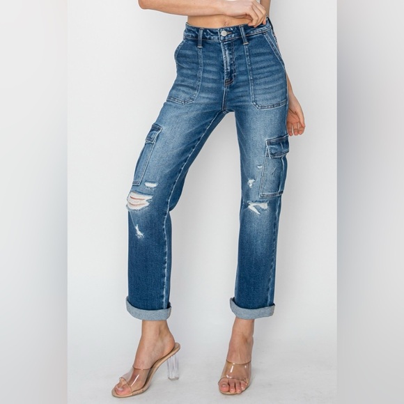 RISEN Full Size High Rise Cargo Ankle Roll Up Straight Jeans - Picture 3 of 7